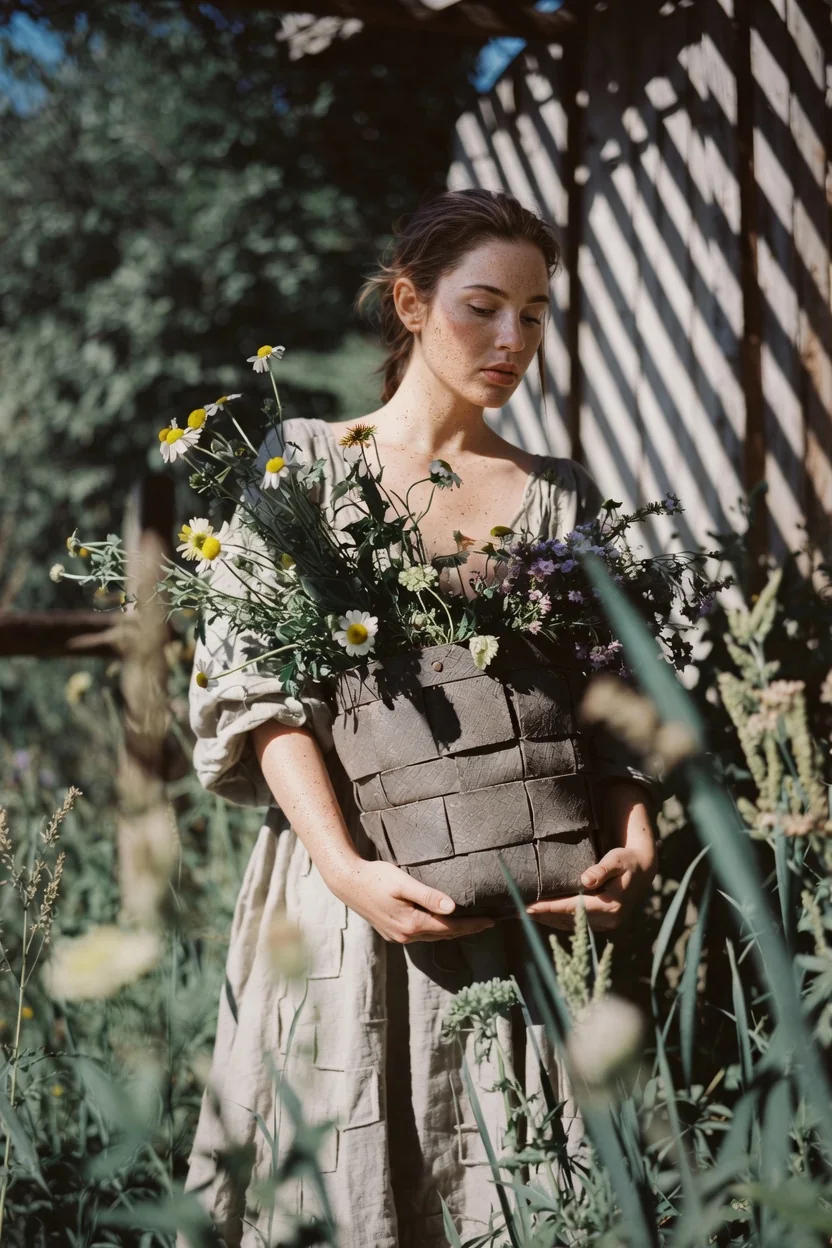 Woman carrying a basket of flowers