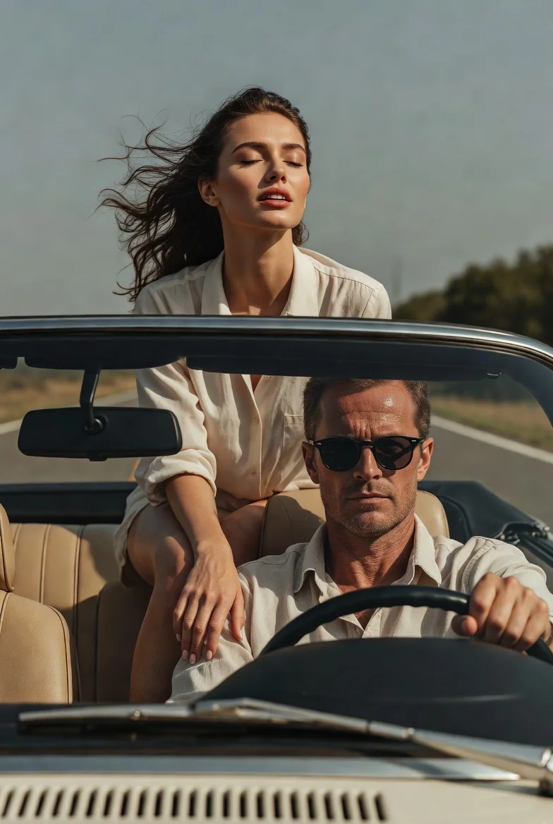 Stylish couple driving a convertible