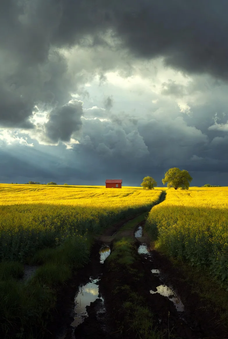 Yellow field beneath dramatic storm clouds