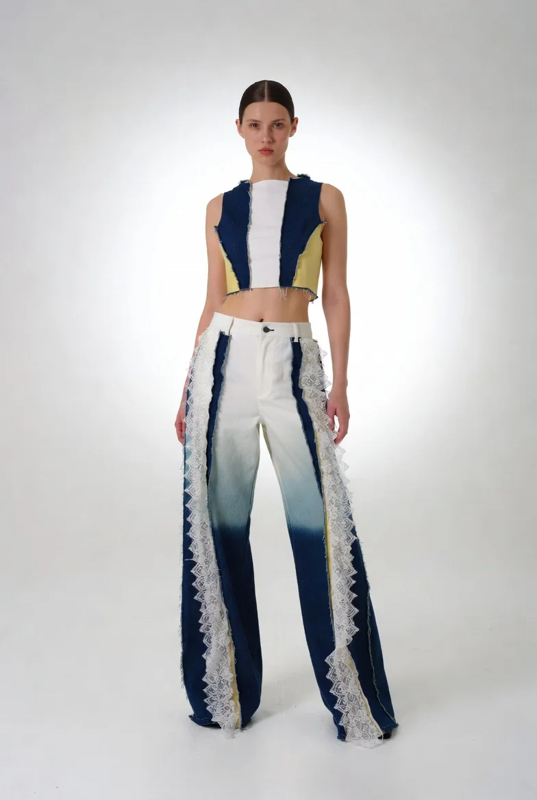 Fashion model in a blue and white look