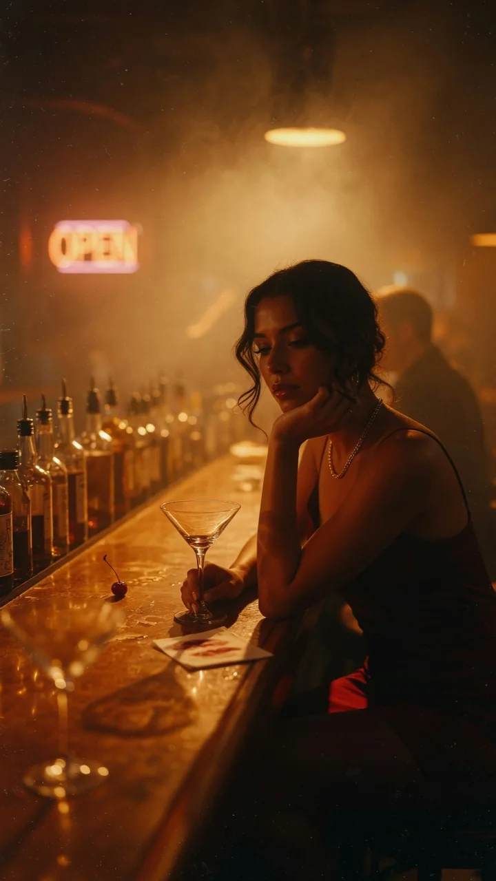 Cinematic nightlife portrait at a bar