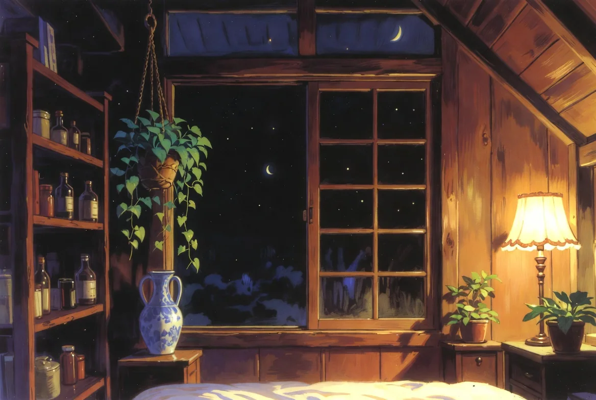 Illustrated interior glowing at night