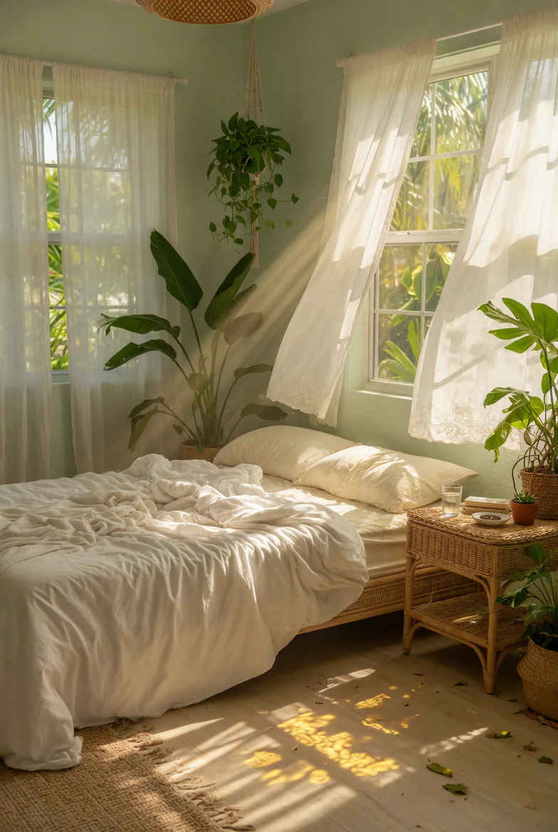 Sunlit tropical bedroom interior
