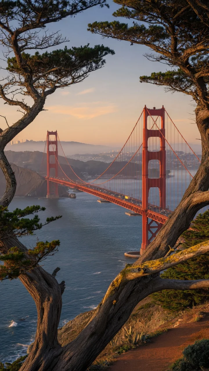 Golden Gate Bridge framed by trees
