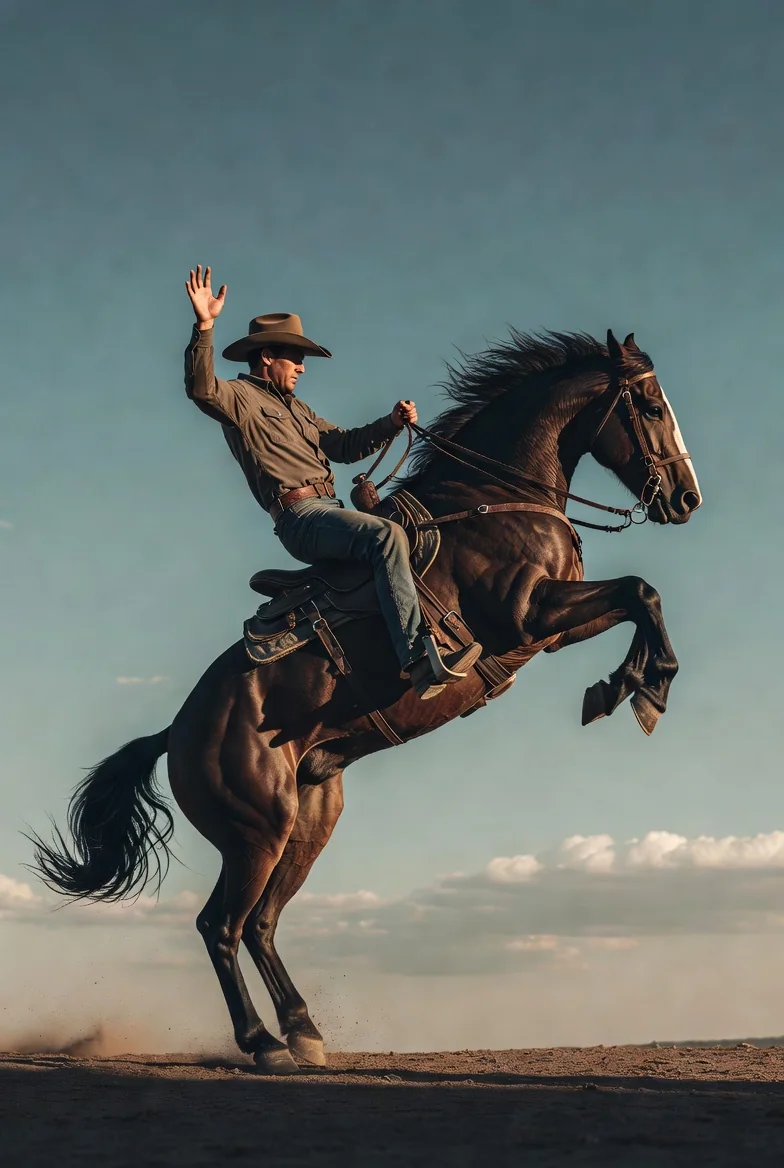 Cowboy riding a rearing horse