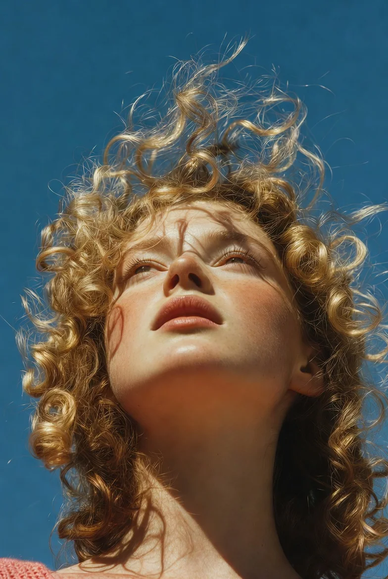 Low-angle beauty portrait against blue sky