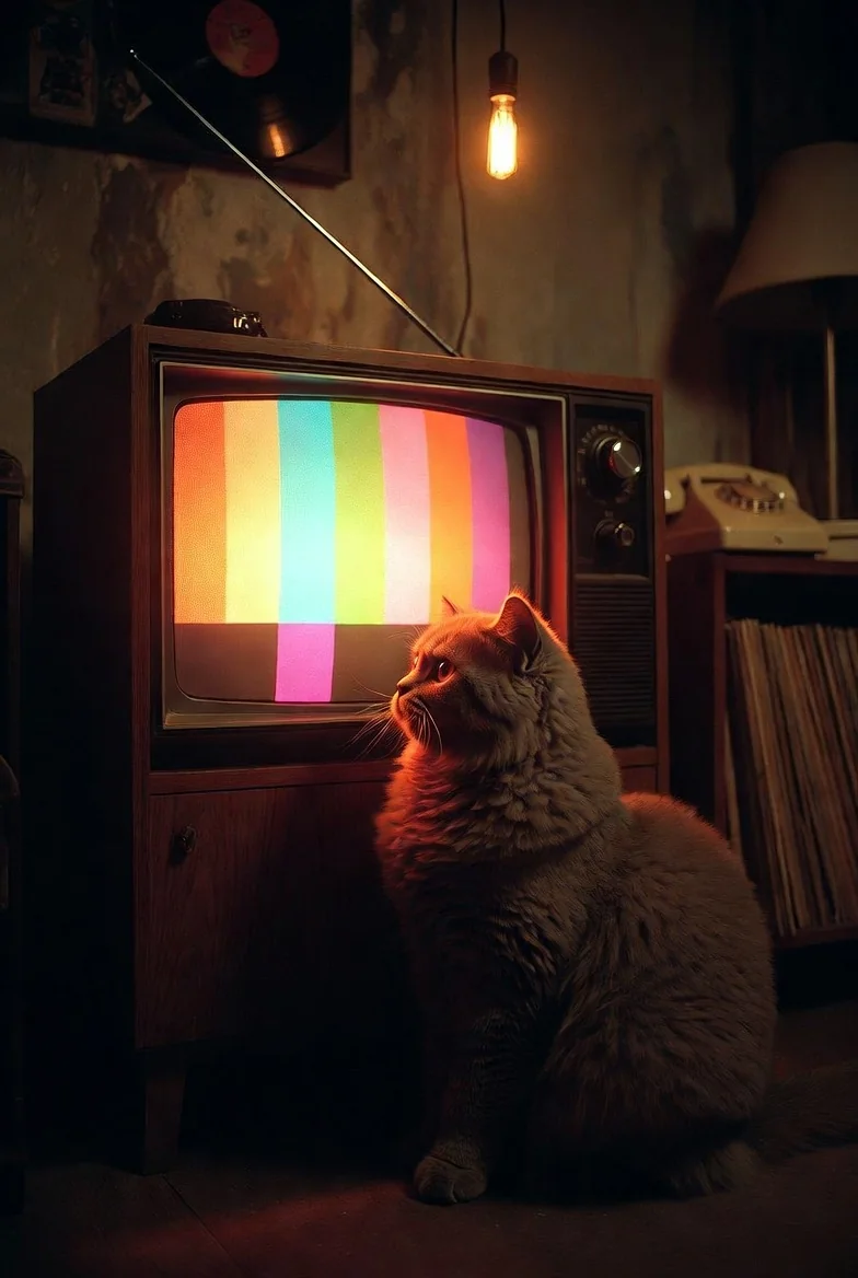 Cat beside a glowing vintage television